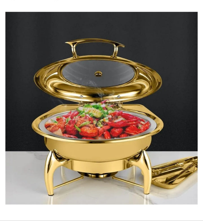 Gold plated Stainless Steel Chafing Dish, Gold-Plated Round Buffet Stove, Commercial Hotel Restaurant Heating Furnace, Hydraulic Transparent Cover Buffet Stove