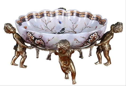 Fancy High-end Fruit Bowl, Vintage Farmhouse Style Ceramic Dried Fruits Plate with Brass Pedestal, Luxury Snacks Nuts Storage Tray, Coffee Table Decoration Ornaments