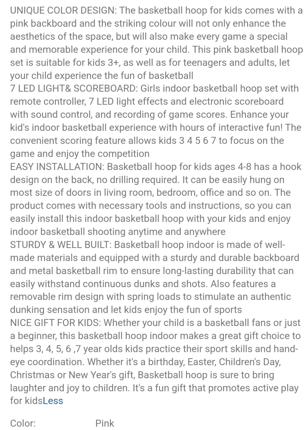 Basketball Hoop For Girls Indoor, Pink Basketball Hoop With Electronic Scoreboard & Remote Controller, Mini LED Basketball Hoop Set Toys Birthday Gifts For 3 and up Years Old Girls Kids Teens