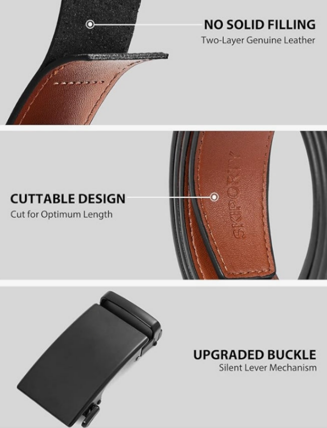 Mens Ratchet Belt Leather 1 3/8'' Adjustable Belts for Mens Dress Casual Jeans Comfort Trim to Fit