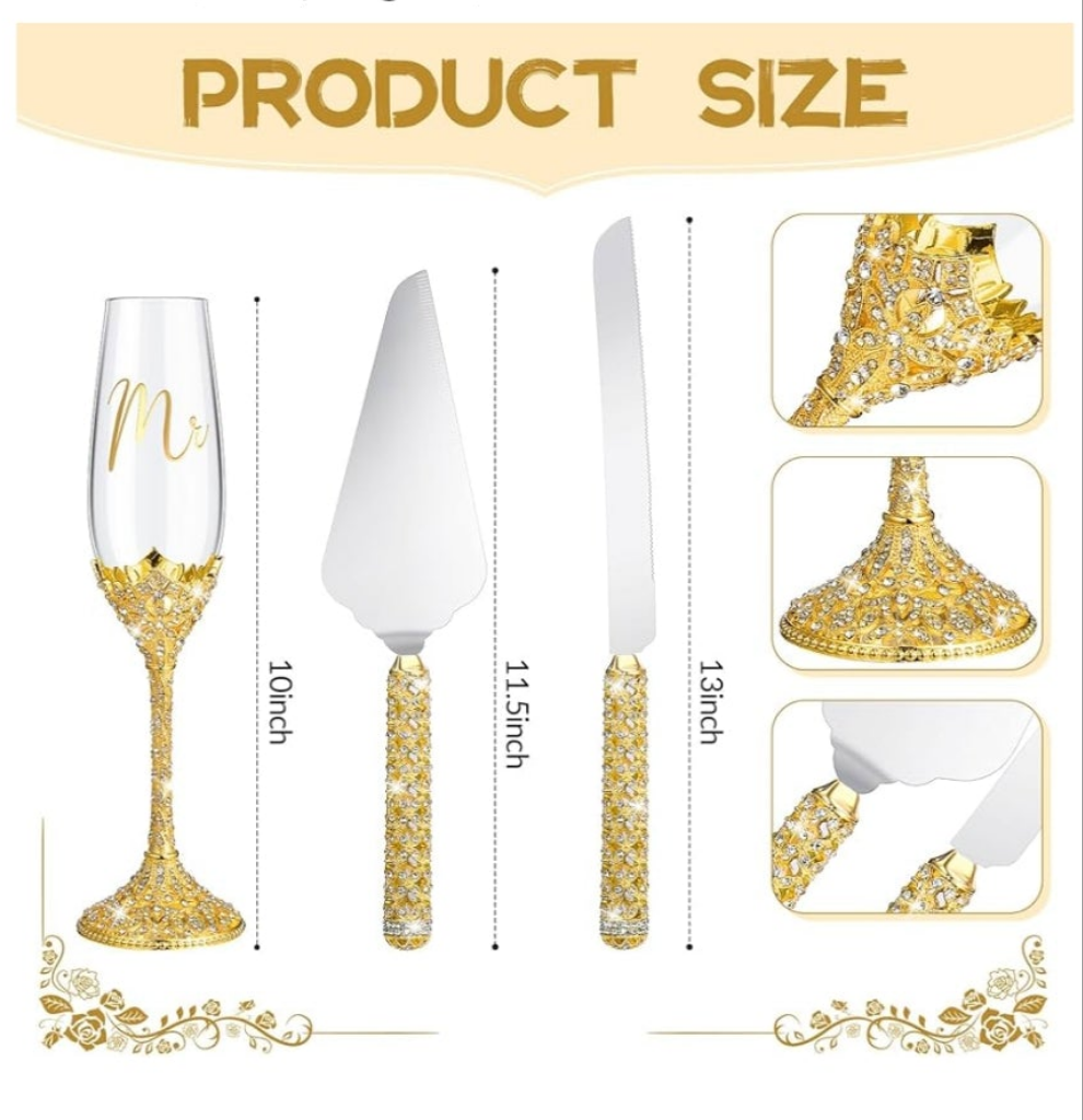 4 Pcs Wedding Cake Knife and Champagne Flutes Server Set, Toasting Crystal Rhinestone Champagne Flutes Glasses Cake Knife Pie Server Wedding Gifts for Couple Bride Groom (Rose Gold,Elegant)