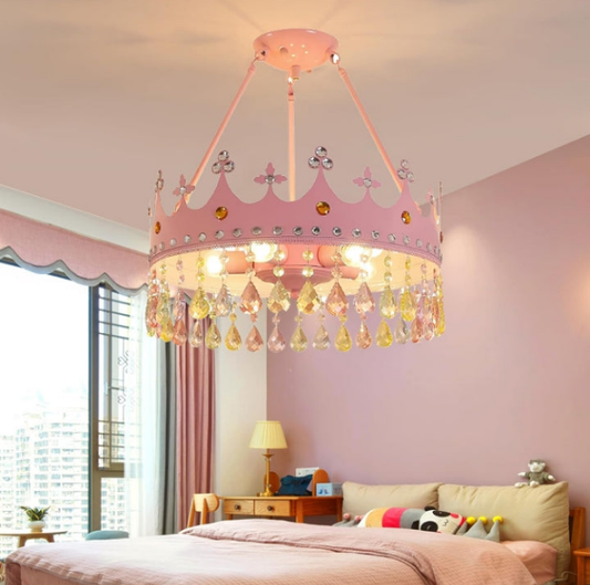 Mini Crystal Chandelier Crown Pink Chandelier Modern Round Elegant Crown Shape with Crystal Pendant Metal Lamp Body LED Ceiling Pendant Light Fixture