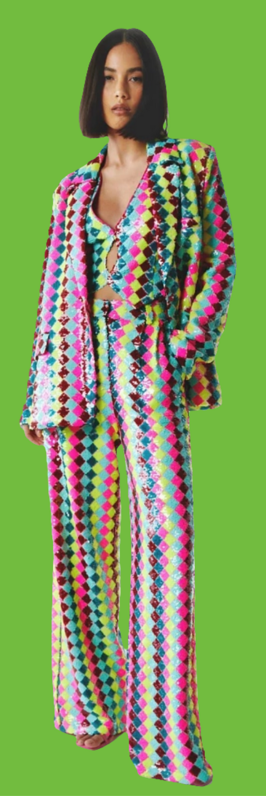 COCOMONEY Rainbow Sequin Patchwork Blazer Two Piece Pant Set-Multicolor