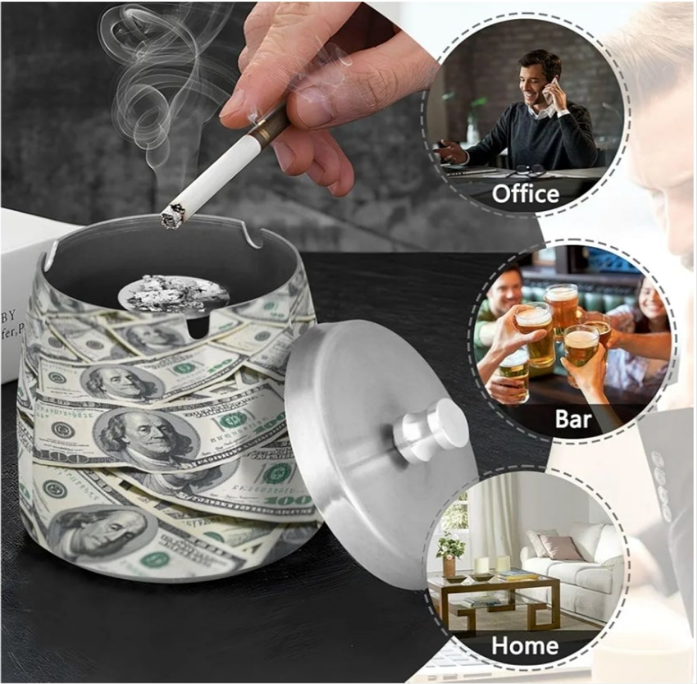 Dollar Cash Rich Stainless Steel Home Ashtray with Lid for Home Office Indoor Outdoor, Cute Non-slip Ciggerate Ashtray Outdoor for Cool Patio Decor Product Dimensions 3.54"L x 3.54"W x 3.46"H
Item Weight 363 Grams