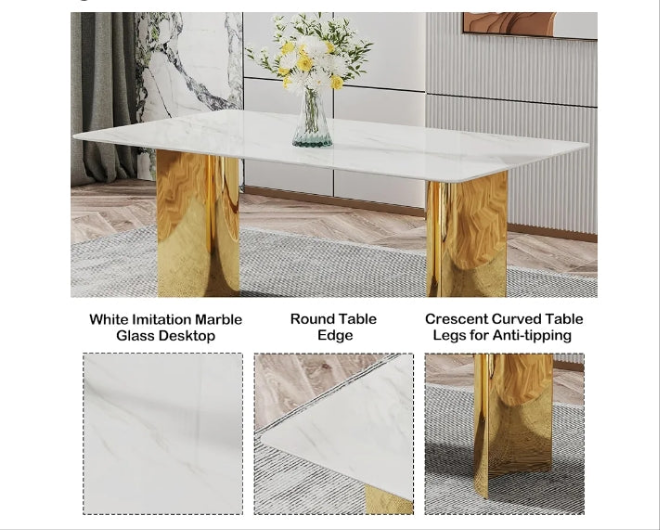 Dining Table Set for 6, White Imitation Marble Glass Desktop with Golden-Plated Base, 71'' Kitchen Table and Upholstered Dining Chairs (1 Table with 6 Blue Velvet Dining Chairs)