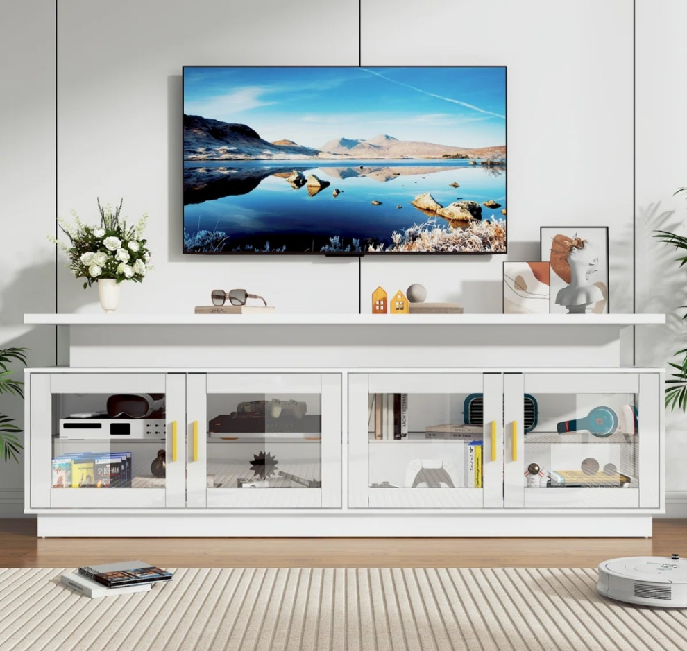 High Gloss TV Stand with Power Outlet and LED Light for TVs up to 80"