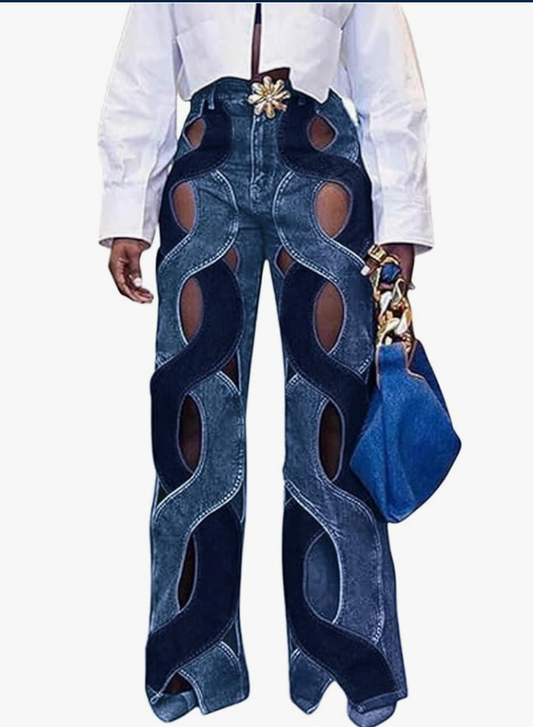 Chic Metal Hollow Out Cable Twist Back Heart Flare Bell Bottom Denim Jeans Pants