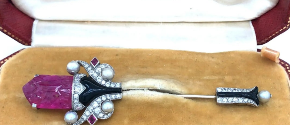 Cartier, Platinum 18K Gold Ruby Pearl Enamel Diamond Jabot Brooch, IAJA, GIA Diamonds: Approximately 0.32 ct Burma No-heat carved Ruby: