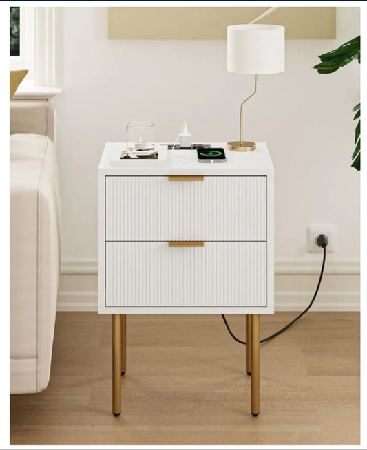 Nightstand with Charging Station, Mid-Century Modern Bedside Table with 2 Storage Drawer, Small Gold Frame Side End Table for Bedroom, Living Room (White)