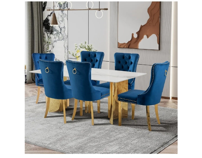 Dining Table Set for 6, White Imitation Marble Glass Desktop with Golden-Plated Base, 71'' Kitchen Table and Upholstered Dining Chairs (1 Table with 6 Blue Velvet Dining Chairs)
