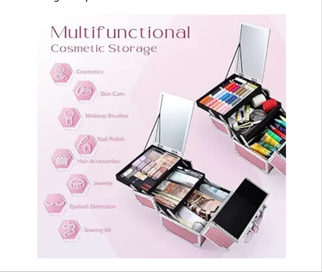 Makeup Train Case Cosmetic Box 2-Tier Tray Jewelry Storage Organizer with Mirror Key Lock Portable Carrying Makeup Box
