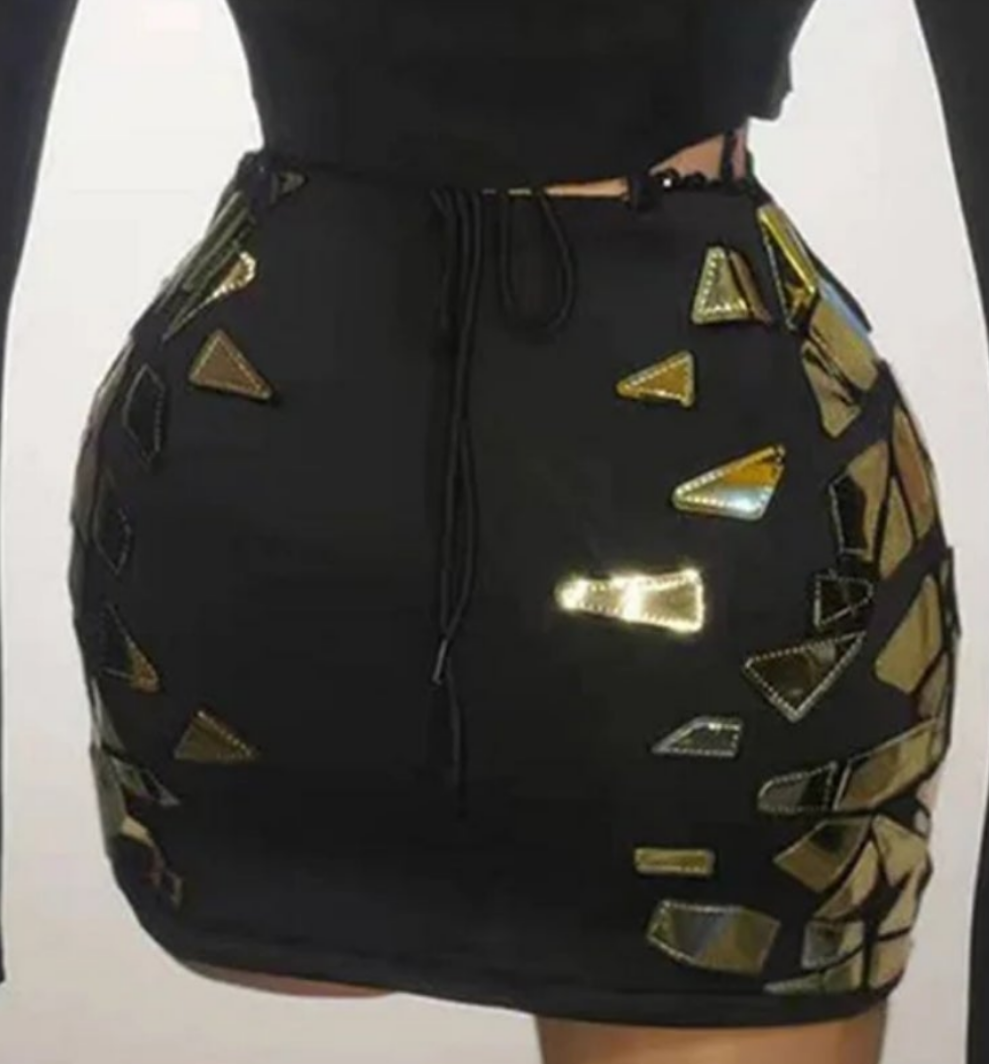 COCOMONEY Mirror Sequin Patchwork Square Neck Mini Dress-Black