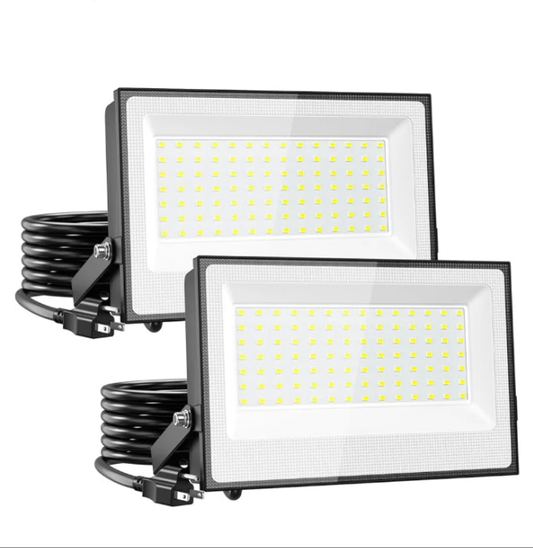 100W Flood Lights Outdoor, 9000lm Bright LED Work Light with Plug, 6500K Daylight White LED Flood Light Outdoor, IP66 Waterproof Security Lights Yard Lights for Yard Garage Stadium 2 Pack