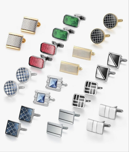 12 Pairs, Classic Fashion Men's Cuff Links Silver-Tone Gold-Tone Black for Business Wedding Party Gift Box