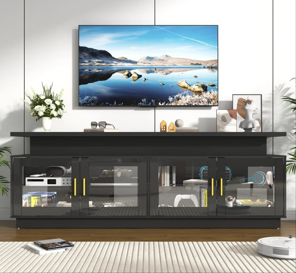 High Gloss TV Stand with Power Outlet and LED Light for TVs up to 80"