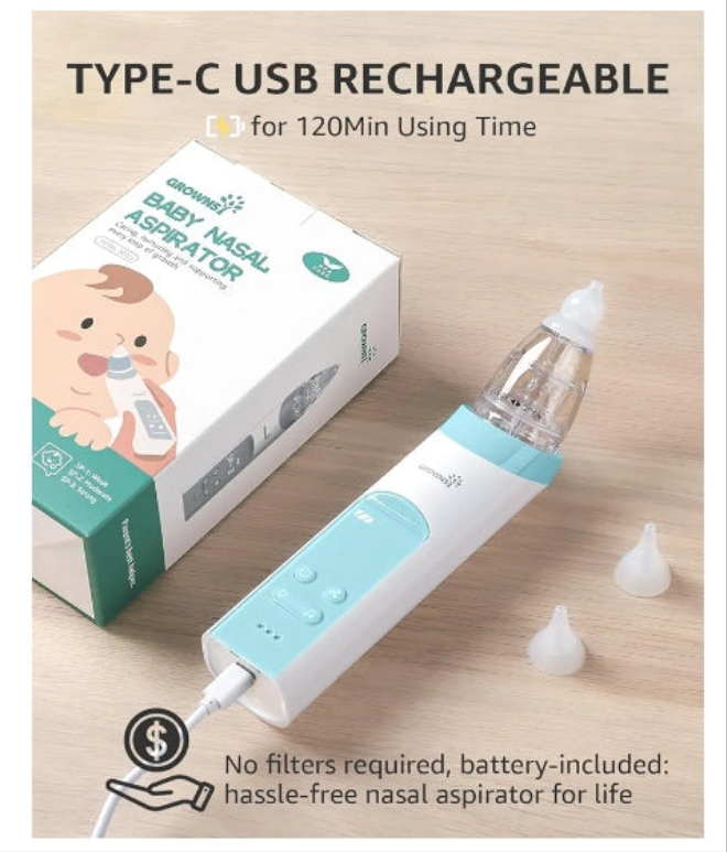 Nasal Aspirator for Baby with Protection Mode, Electric Nose Suction for Baby, Automatic Baby Nose Sucker with 3 Silicone Tips, Adjustable Suction Level, Music and Light Soothing Function