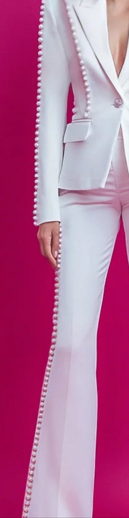 COCOMONEY Pearl Embellished Blazer Flare Leg Two Piece Pant Set-White