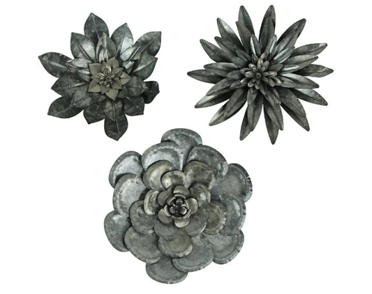 Set of 3 Galvanized Metal Flower Wall Hanging Sculptures Home Decor Floral Art 10 Inches High - Nature Accents for Country or Farmhouse - Easy Install