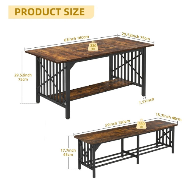 3-Piece Dining Table Set for 4-6 People, 63" Dining Room Table with 2 Benches, Industrial Rectangular Dining Room Table Set with Storage for Kitchen, Dining Room, Rustic Brown