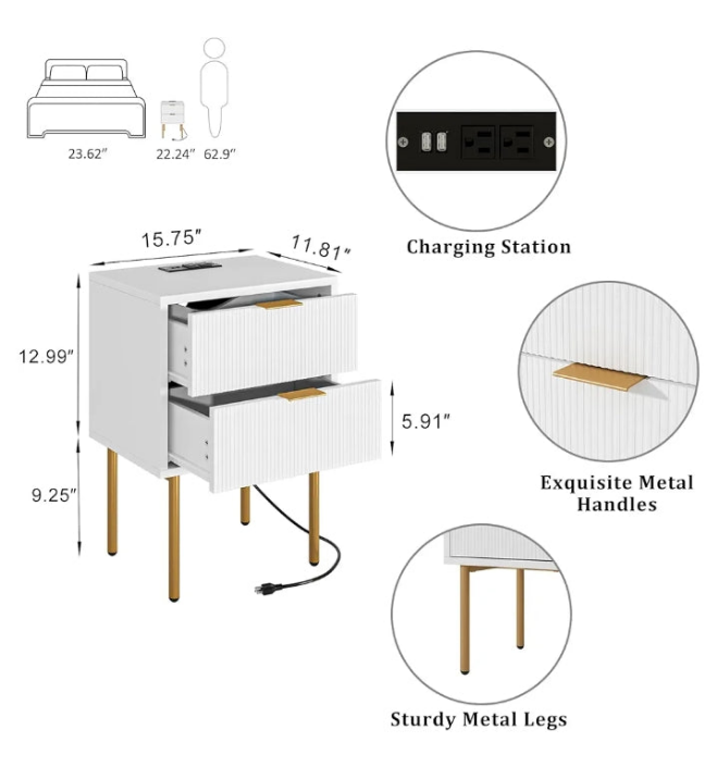 Nightstand with Charging Station, Mid-Century Modern Bedside Table with 2 Storage Drawer, Small Gold Frame Side End Table for Bedroom, Living Room (White)