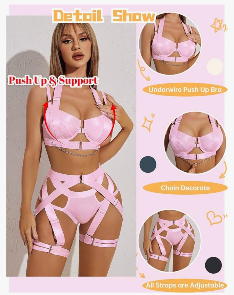 Lingerie Set for Women Sexy Strappy Lingerie Underwire Push Up Bra Garter Set Lingerie with Chain
