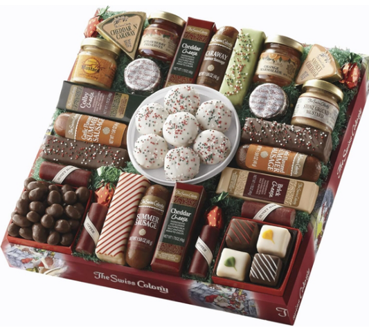 27 Favorites Food Gift Set, Summer Sausage Meats and Cheeses, Assorted Chocolates, Candies, Petits Fours, Gift Basket, Cheese & Charcuterie Gifts, Cheese for Charcuterie Board, Holiday, Christmas, Thank You Gifts, Adults, Women, Men - Holiday Red Box
