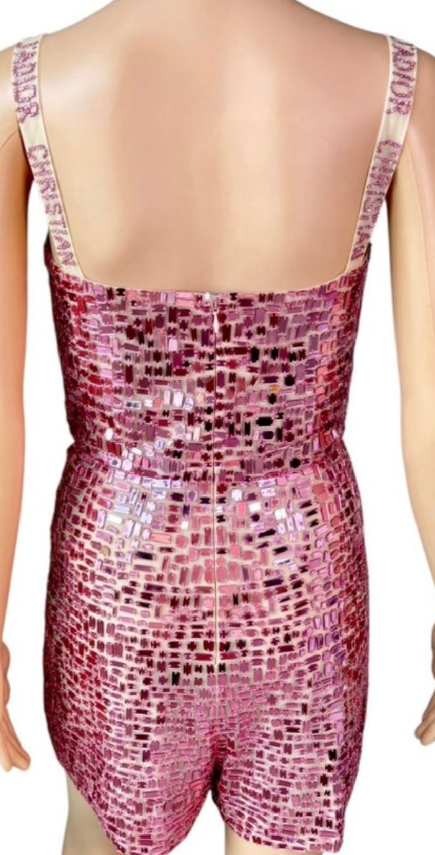Christian Dior S/S 2018 Runway Embellished Mirror Logo Pink Jumpsuit Romper