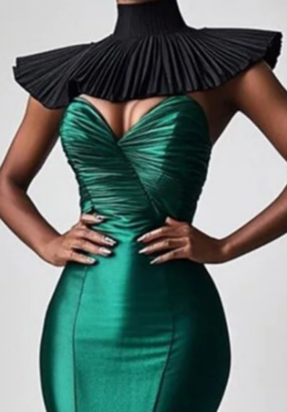 High Neck Asymmetrical Hem Fishtail Satin Maxi Dress-Dark Green [Custom-Made]COCOMONEY