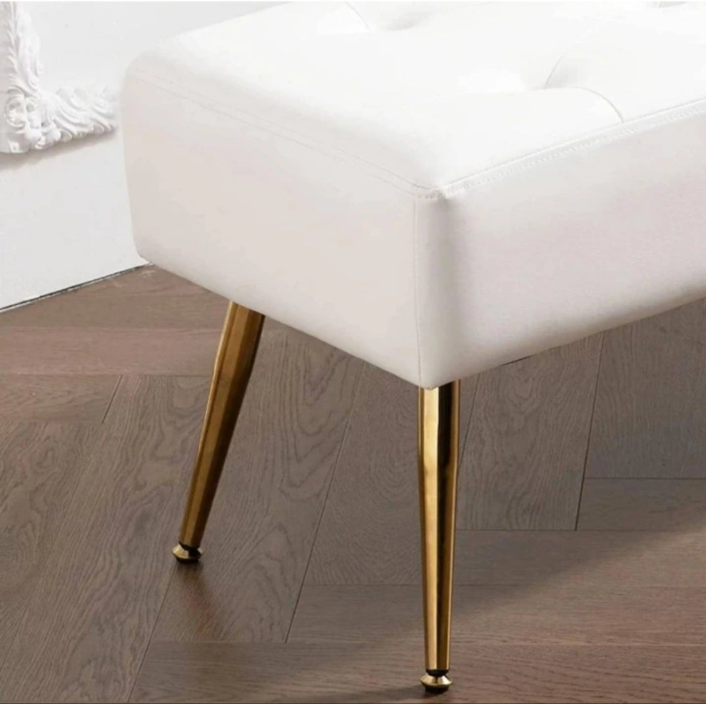 44.75" White PU Leather Ottoman Bench For Living Room Modern Button-Tufted Upholstered Bed Bench With Gold Legs Luxurious Vanity Bench For Makeup Room Entryway Fumahaus 44.75" White PU Leather Ottoman Bench For Living Room Modern Button-Tufted Up