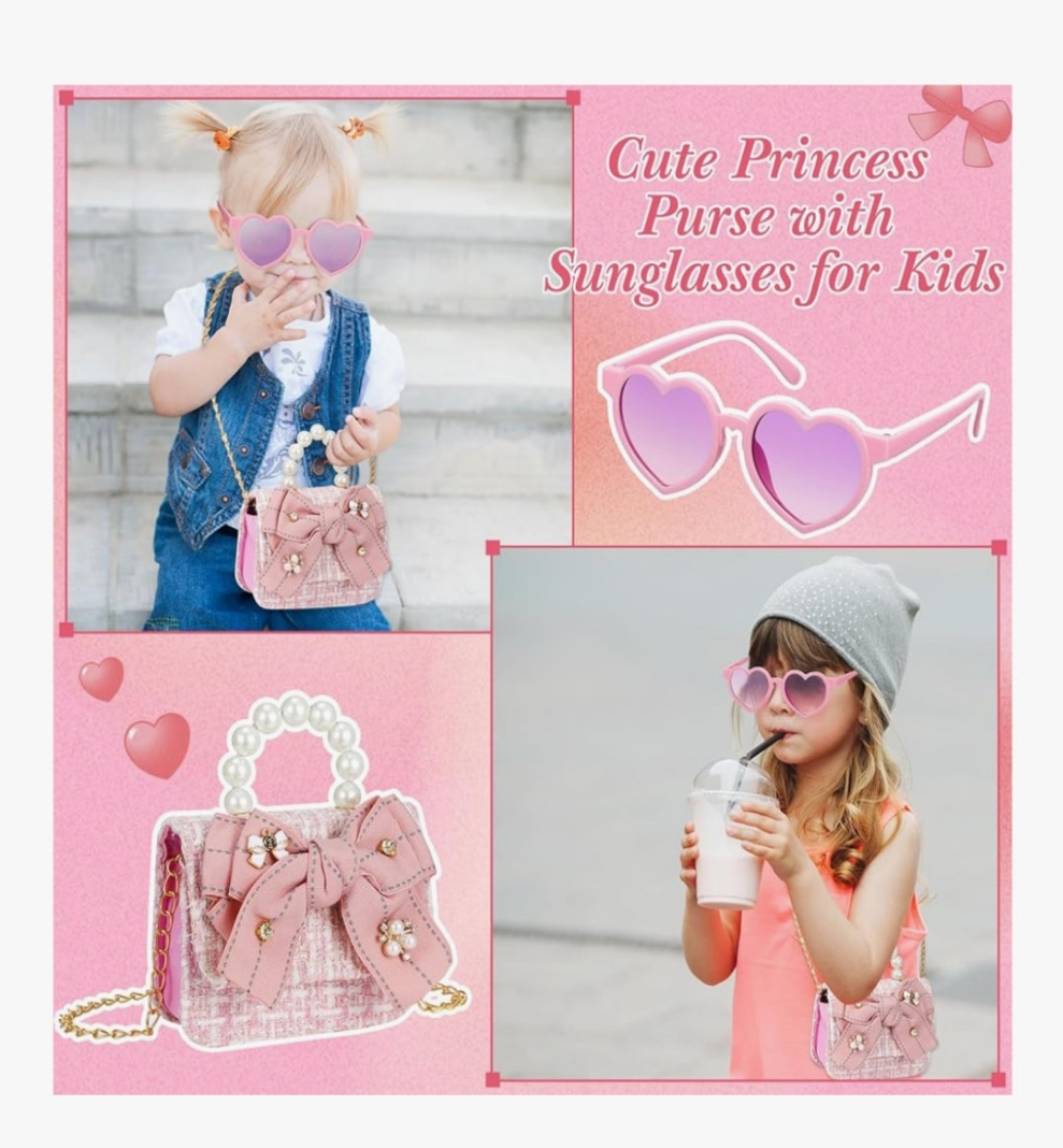 Mini Purse Cute Bowknot Crossbody Bag with Pearl Bow Sunglasses Box Set Travel Handbag for Women Birthday Easter Gift