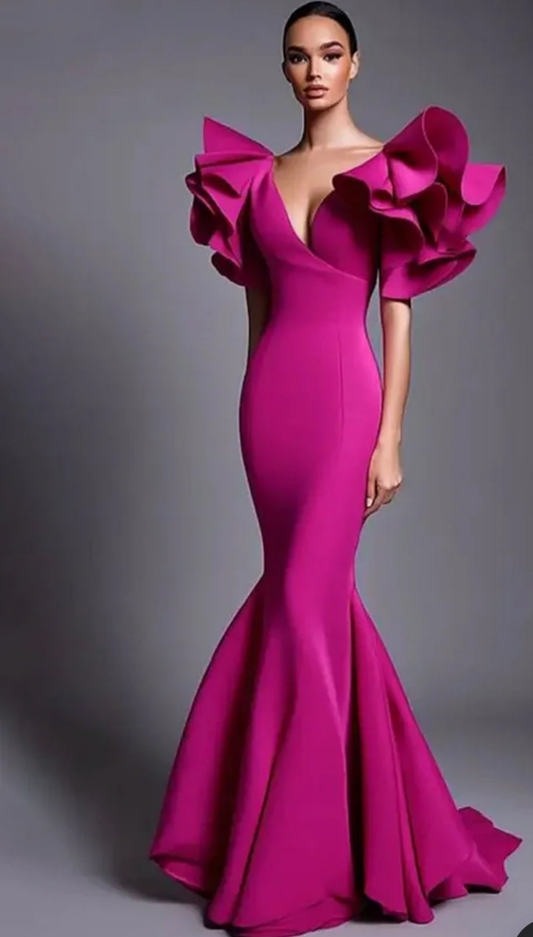 V Neck Ruffle Sleeve Mermaid Maxi Dress-Magenta [Custom-Made]COCOMONEY