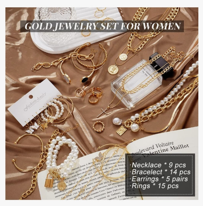 Gold Jewelry Sets for Women, Necklaces Bracelets Hoop Earrings Stackable Rings Jewelry Set，Fashion Outfit Accessories Costume Jewelry MultiPack Birthday Christmas Gifts for Women
