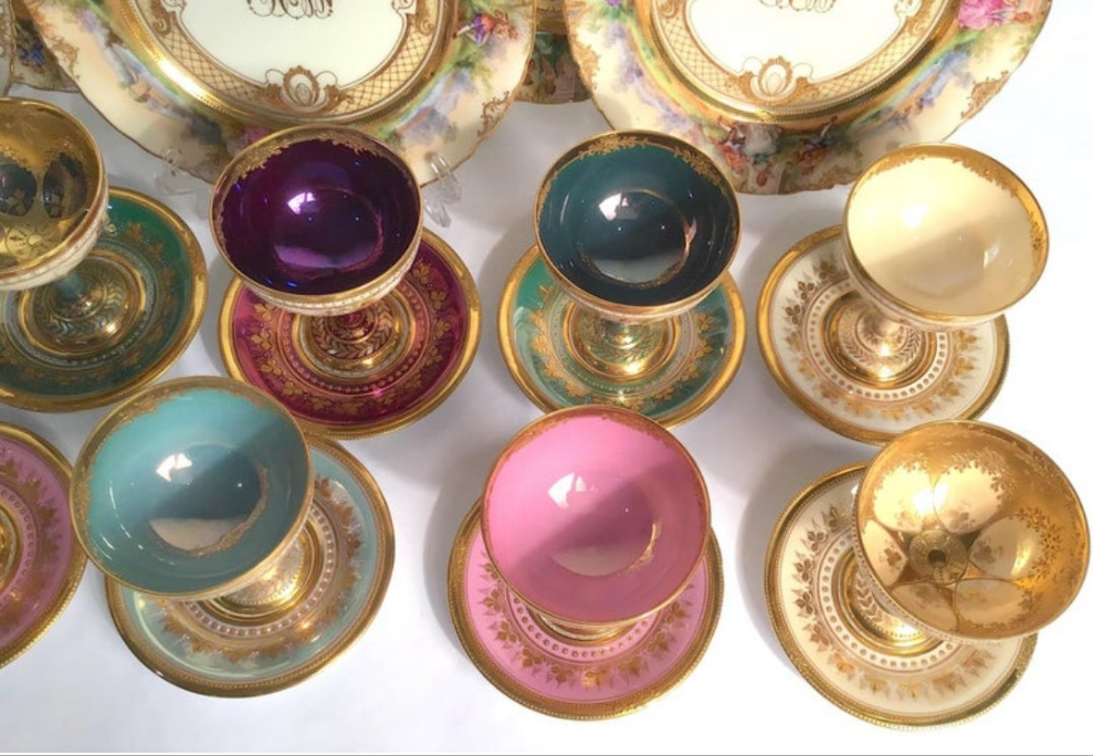 Dresden Ambrosius Lamm Footed Cups and Dessert Plates Set for 10 Hand Painted