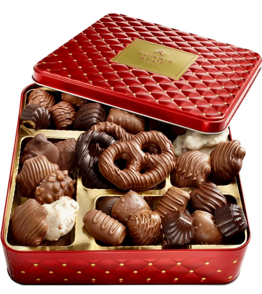 Chocolate Gift Basket- Gourmet Chocolate Snack Variety Present in Keepsake Tray- Includes Belgium Pretzels, Peppermint Patties, Sea Salt Caramels, Chocolate Espresso Beans- Bonnie and Pop