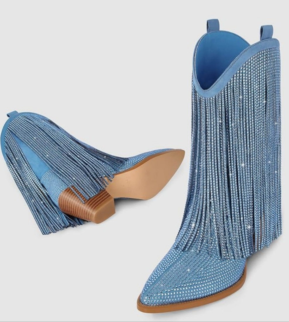 Cowgirl Boots Rhinestone with Sparkly Fringe Pointed Toe Western Boot Chunky Heel Pull-On Wide Calf
