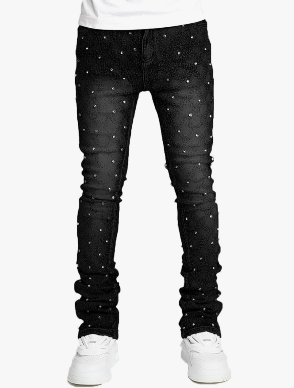 Rhinestone Skinny Stacked Jeans Mens Straight Leg Jeans Casual Pants Slim Fit Jeans Vintage Grunge Hip Hop Pants