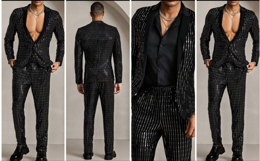 2pcs Men's Knit Fashion Casual Young Suit, Open Mesh Sequin Jacket And Elastic Waist Suit Pant Set COCOMONEY