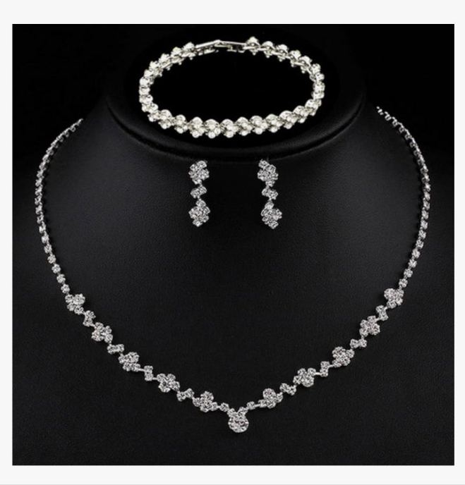 Crystal Wedding Jewelry Set, Silver Necklace Earrings Bracelet Crystal Bridal Wedding Jewelry Sets for Brides Bridesmaid Prom Costume Accessories
