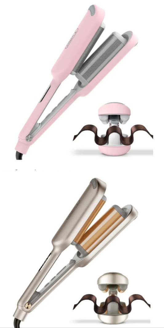 Curling Iron Hair Crimper Waver Beach Waves Curling Wand, Ionic Deep Waver Hair Curler Tool with Ceramic 3 Barrel for Women, Dual Voltage, Anti-Scald, Easy to Use, Pink, 1.25 Inch