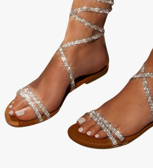 , Women's Rhinestone Strappy Sandals Fashion Flat Sandals Summer Dressy Peep Toe Sandals Cute Comfortable Dress Sandals