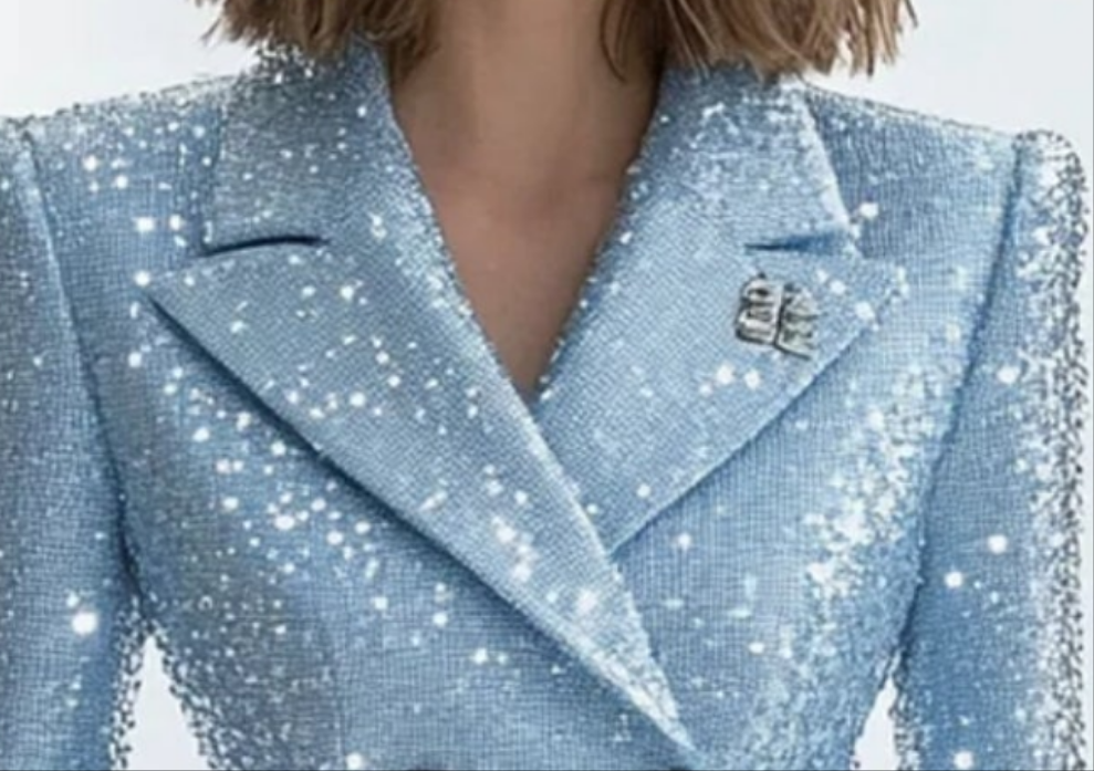 COCOMONEY Lapel Double-Breasted Sequin Mini Dress-Light Blue