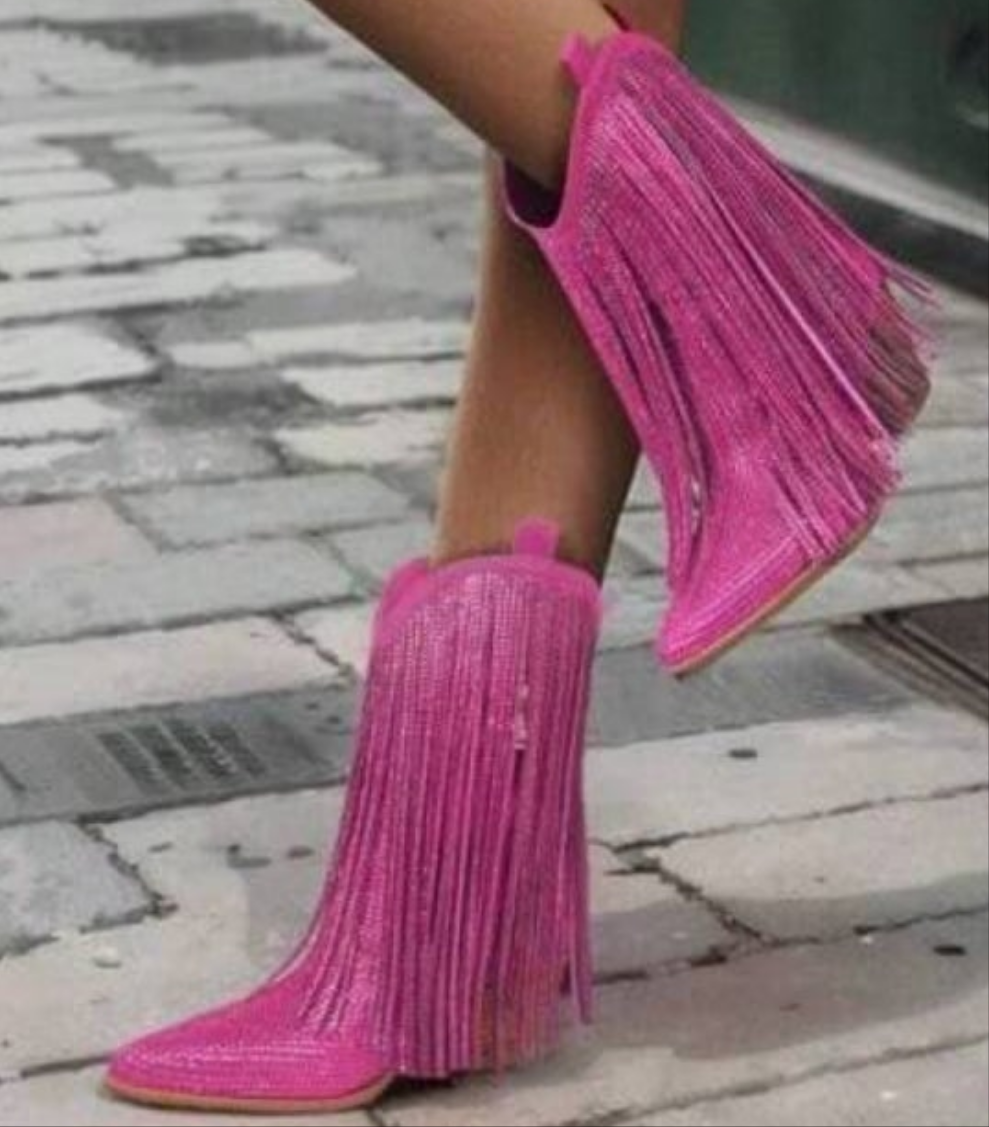 Cowgirl Rhinestone Boots With Sparkly Fringe Pointed Toe Western Ankle Boots & Booties Chunky Heel Pull-On