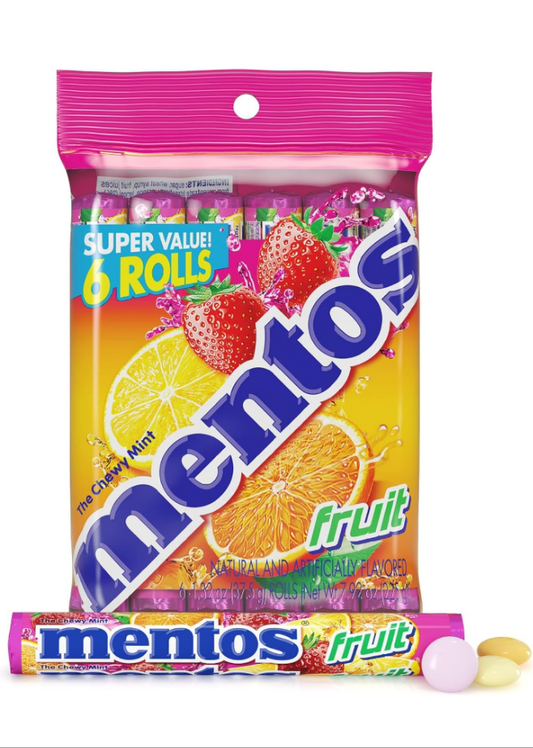 Mentos Chewy Candy Mint Roll, Fruit, Holiday Christmas Stocking Stuffers for Adults & Kids, Non-Melting, 14 Count (Pack of 6)