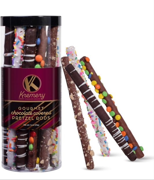 Chocolate Covered Pretzel Rods Gift Basket in Clear Tube (8 Count) Xmas Kwanzaa Birthday Sweet Treats - Assorted Candy Toppings - Kosher Dairy