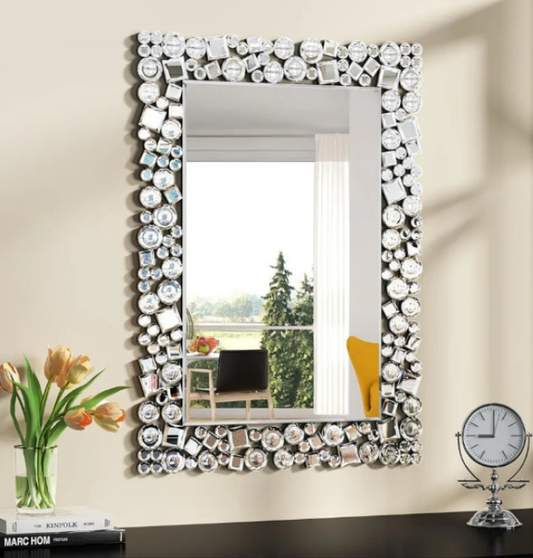 Crystal Accent Mirror for Wall Decor -28" x 20" Mosaic Frame Decorative Wall Mirrors Rectangle Mirror for Living Room, Bedroom, Entryway