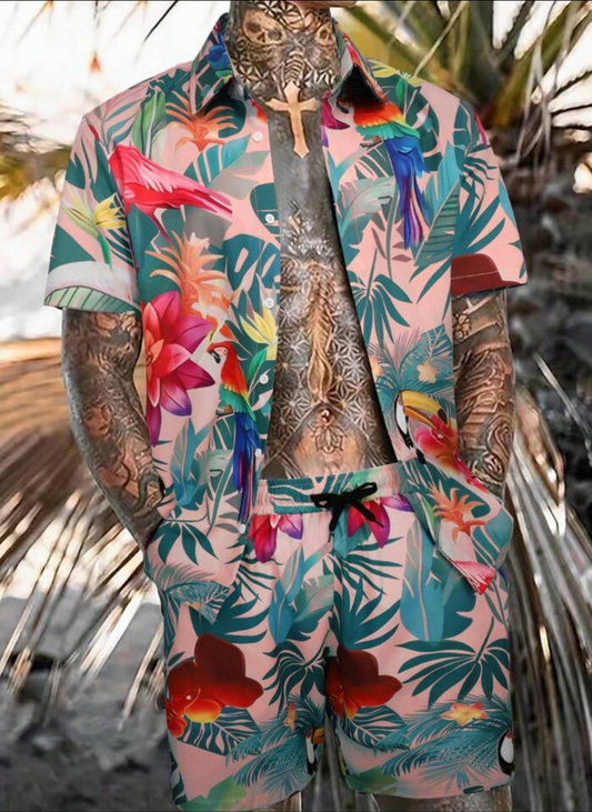 Men's Tropical Print Shirt & Shorts Suit, Vacation & Casual Wear crashing the beach