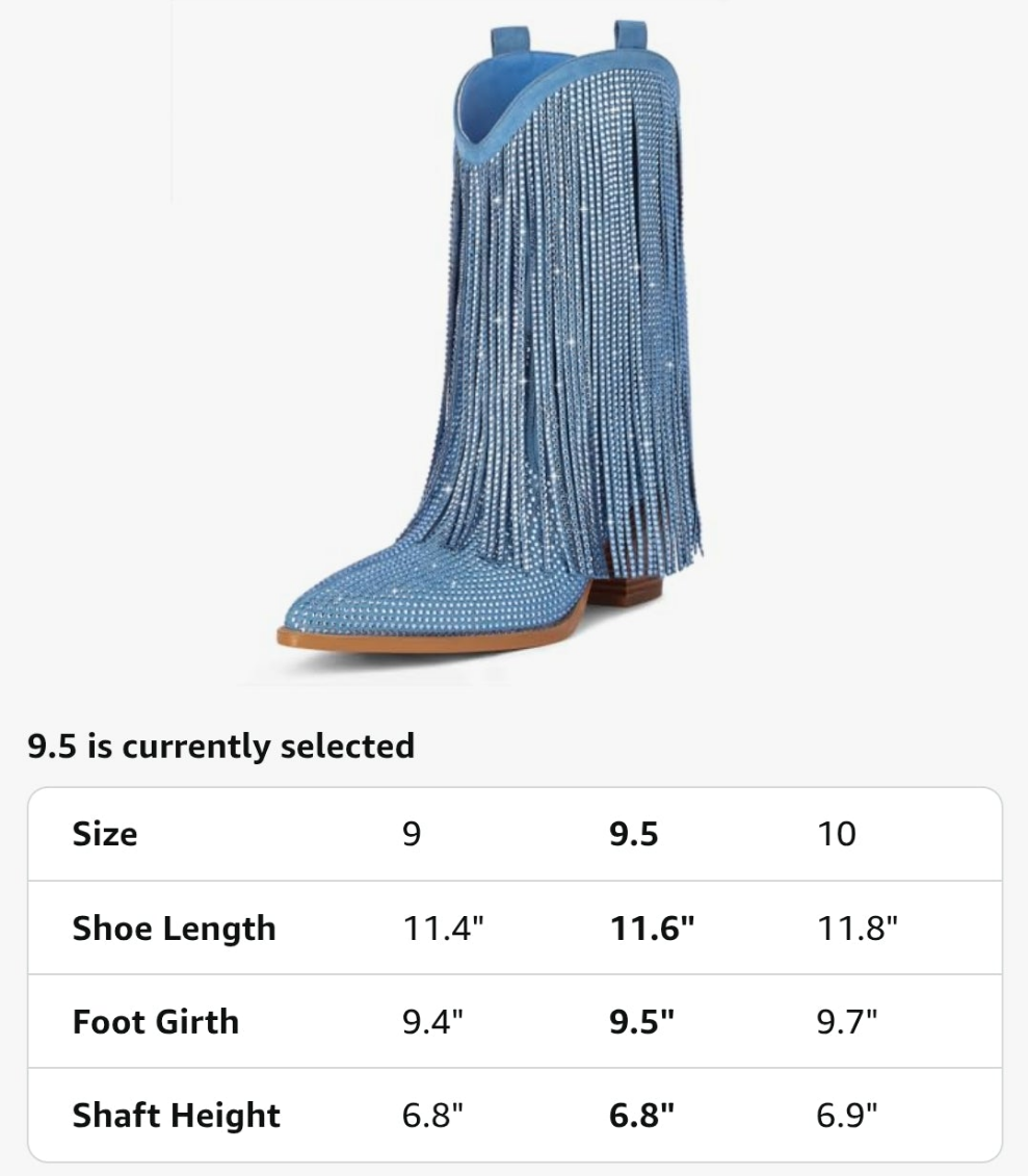 Cowgirl Boots Rhinestone with Sparkly Fringe Pointed Toe Western Boot Chunky Heel Pull-On Wide Calf