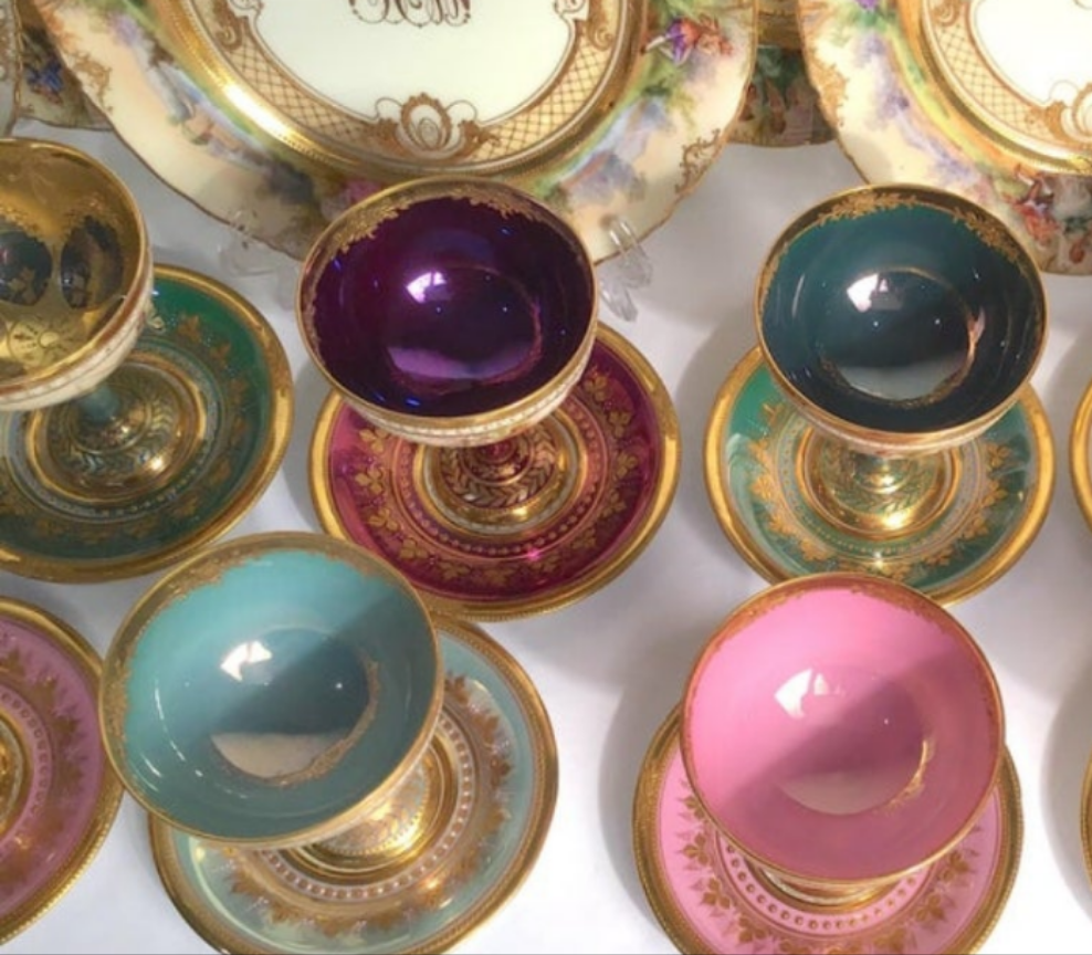 Dresden Ambrosius Lamm Footed Cups and Dessert Plates Set for 10 Hand Painted
