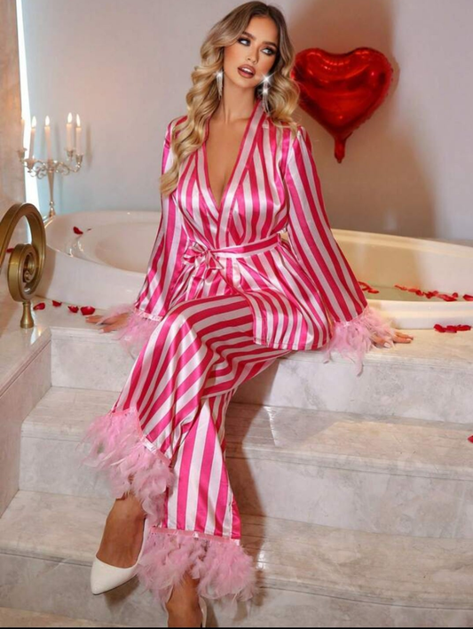 COCOMONEY Striped Luxury Feather Satin Sleepwear Set, Long Sleeve Top And Pants For Women