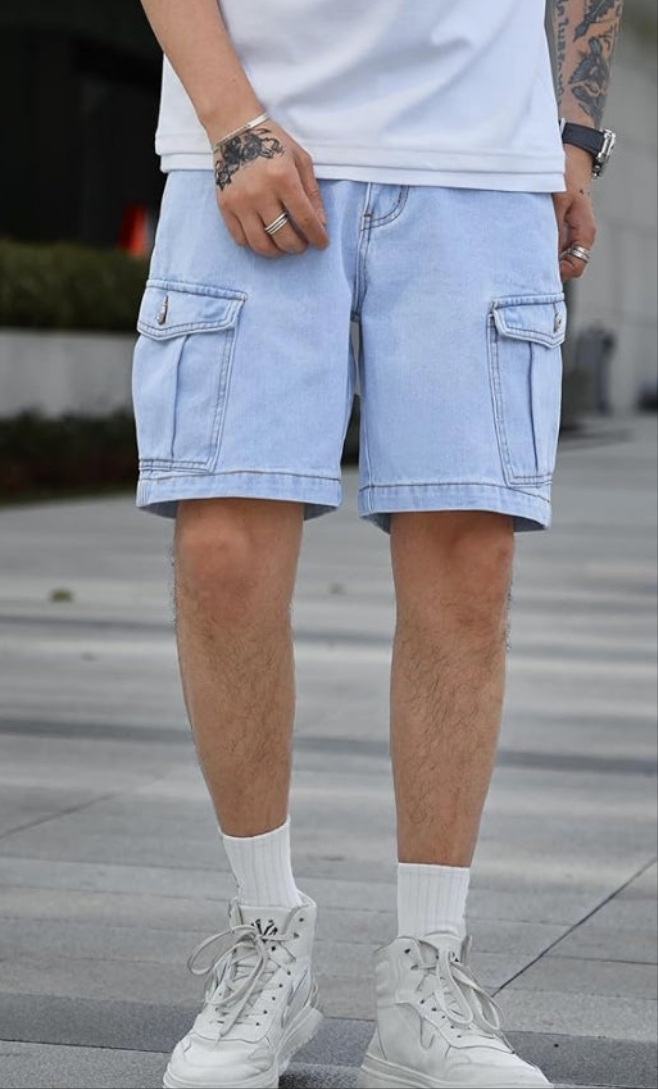 Men's Casual High Waist Straight Leg Denim Cargo Shorts with Pockets